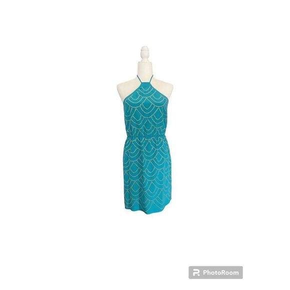 Trina Turk Silk Turquoise Gold Studded Halter Dress Size 6 - Picture 2 of 7